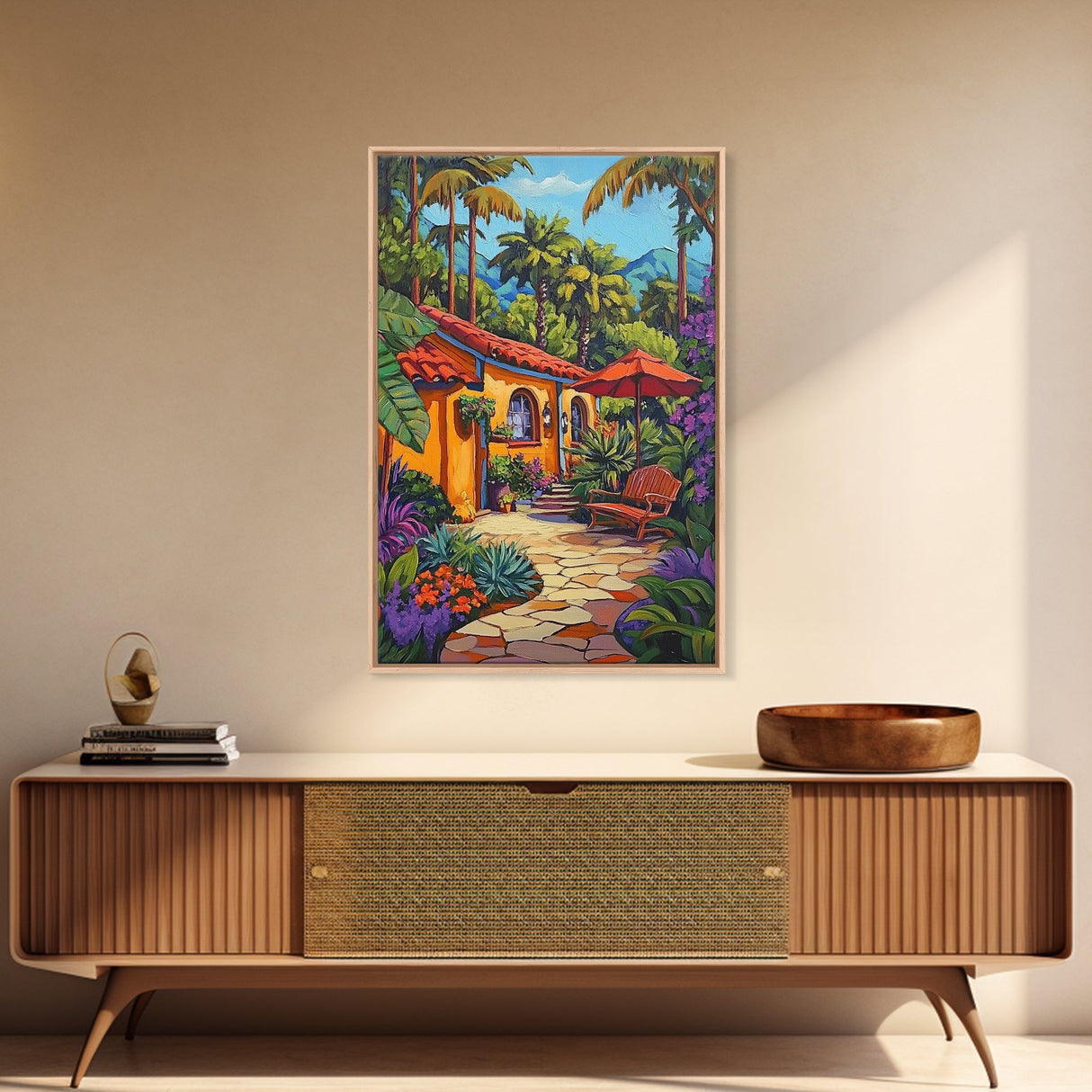 Tropical Courtyard, Retreat, Pathway, Framed Canvas Print, vibrant tropical patio scene, colorful garden art, Spanish boho home decor