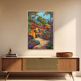 Tropical Courtyard, Retreat, Pathway, Framed Canvas Print, vibrant tropical patio scene, colorful garden art, Spanish boho home decor