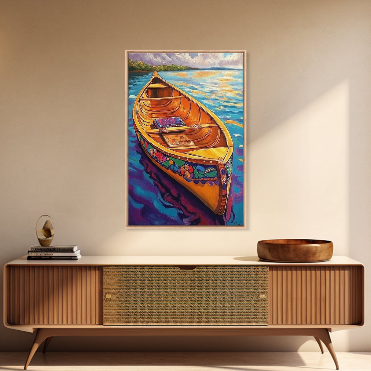 Canoe Tranquil, Reflection, Water, Canvas Print, vibrant lake, boat painting, colorful water art, lakehouse decor, boho bedroom wall art