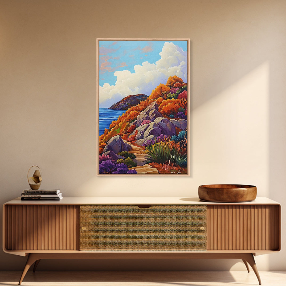 Autumn Cliffside, Trail, Ocean, Framed Canvas Print, fall coastal landscape, boho mountain decor, bold colors, seasonal Living Room art
