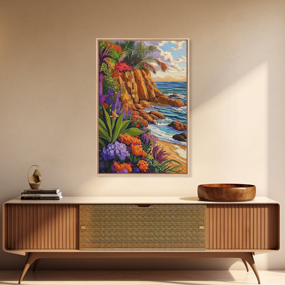 Tropical Coast, Flowers, Waves, Framed Canvas Print vibrant beach cliff wall art, coastal botanical boho decor, Living Room Wall Art