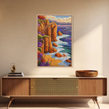 Ocean Cliffside, Path, Sunset, Canvas Print scenic ocean stairs artwork, coastal nature landscape print, Bedroom Wall Art, boho art