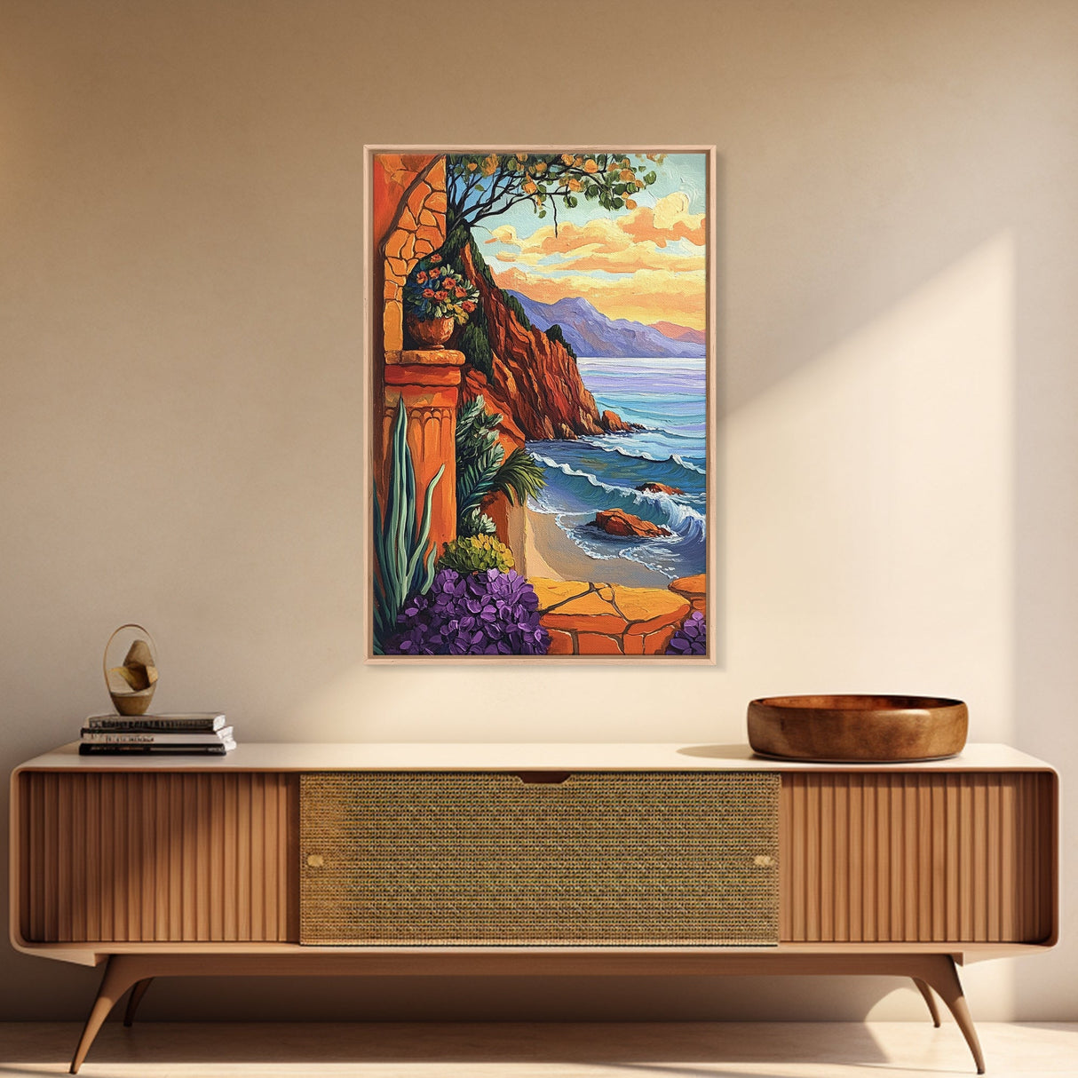 Seaside Terrace, Sunset Florals, Framed Canvas Print romantic ocean view artwork, Mediterranean decor, Kitchen Wall Art, rustic art