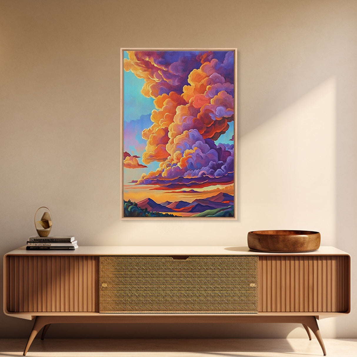 Clouds Sunset, Skies, Mountains, Framed Canvas Print dramatic sky art, colorful cloudscape painting, Bedroom Wall Art, dreamy wall decor