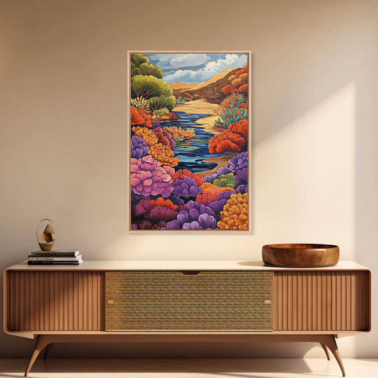 River, Desert, Floral, Art, Canvas Print, Colorful floral river scene with desert hills, perfect bedroom or hallway Southwestern wall art