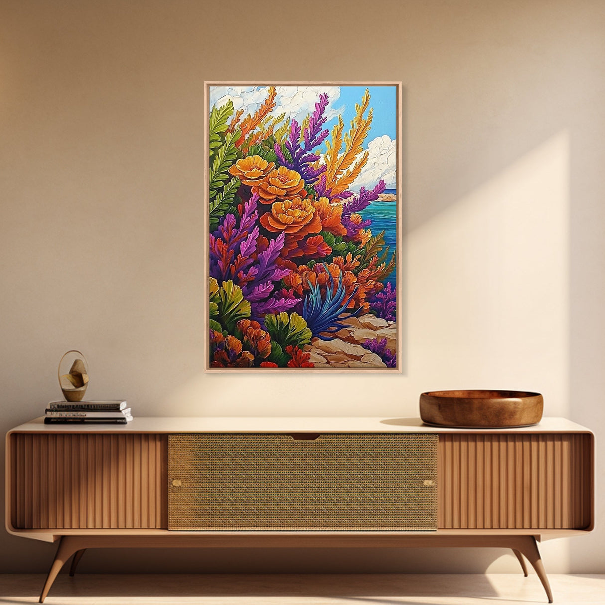 Coastal, Botanical, Garden, Flowers, Framed Canvas Print, Bright coastal flowers with ocean view, ideal summer vibe bathroom or patio wall art