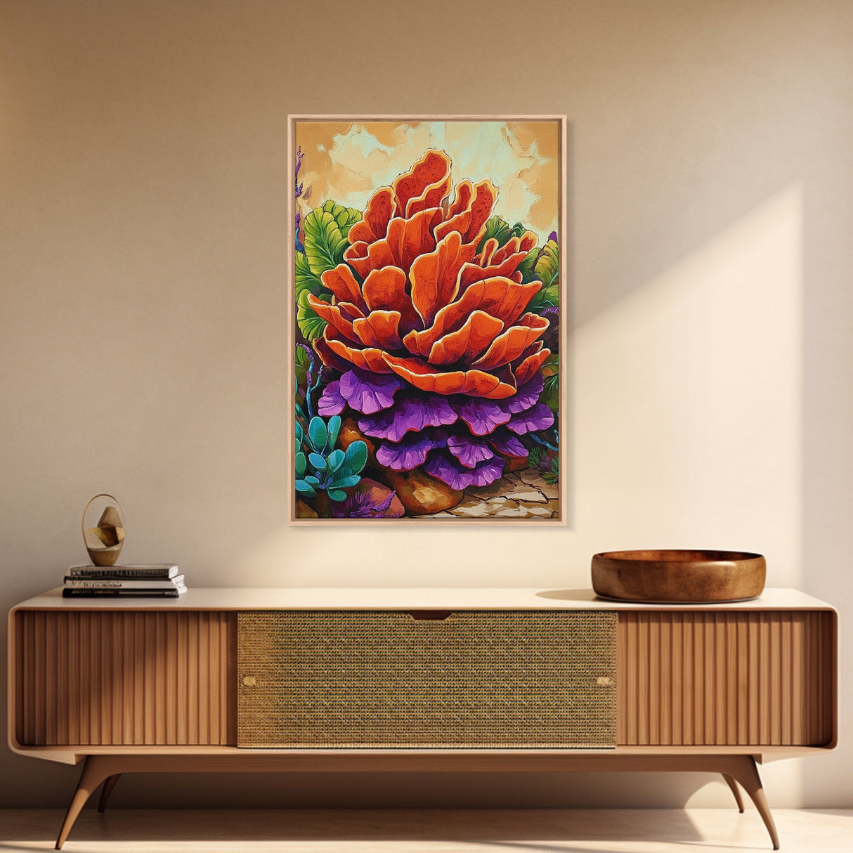 Succulent, Cactus, Orange, Purple, Framed Canvas Print, Bold desert succulent bloom art in orange and purple, living room statement piece