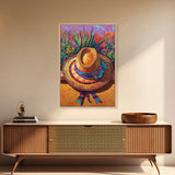 Sombrero, Garden, Boho, Floral, Framed Canvas Print, Bright floral garden sombrero artwork, perfect boho colorful kitchen wall art