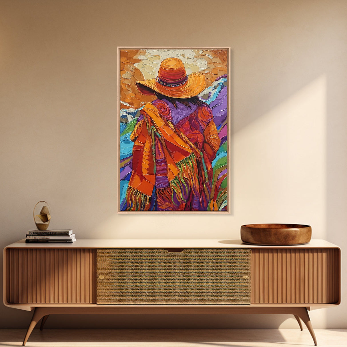 Woman, Hat, Mountains, Blanket, Canvas Print, Southwest-inspired woman with hat and blanket, rustic fall-themed living room wall decor