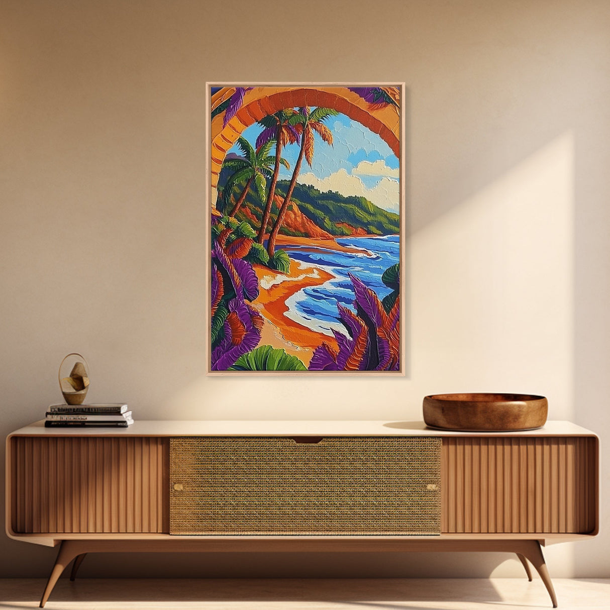 Tropical Palm, Beach, Archway, Canvas Print, Vibrant tropical beach with palm trees through archway, boho bedroom island-inspired wall decor