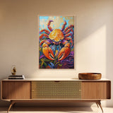 Crab Ocean, Bold, Seafood, Framed Canvas Print, Colorful crab painting with vivid detail, fun nautical art, beach kitchen decor