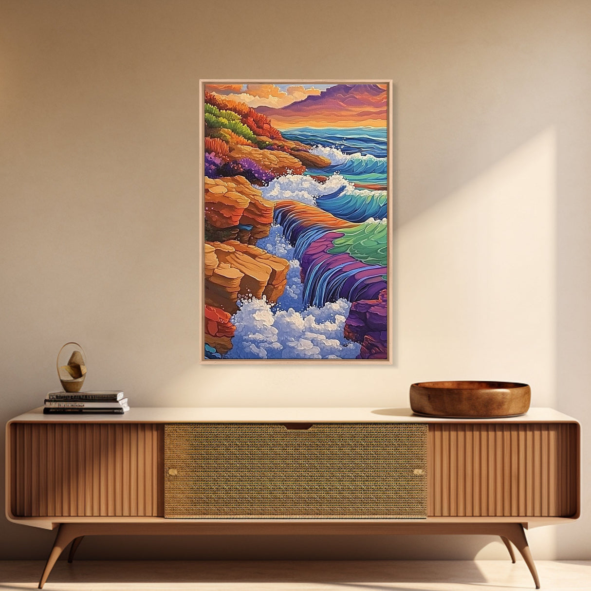 Waterfall Ocean, Rocks, Waves, Canvas Print, Vibrant ocean waterfall over rocky cliffs with colorful waves, ideal coastal living room