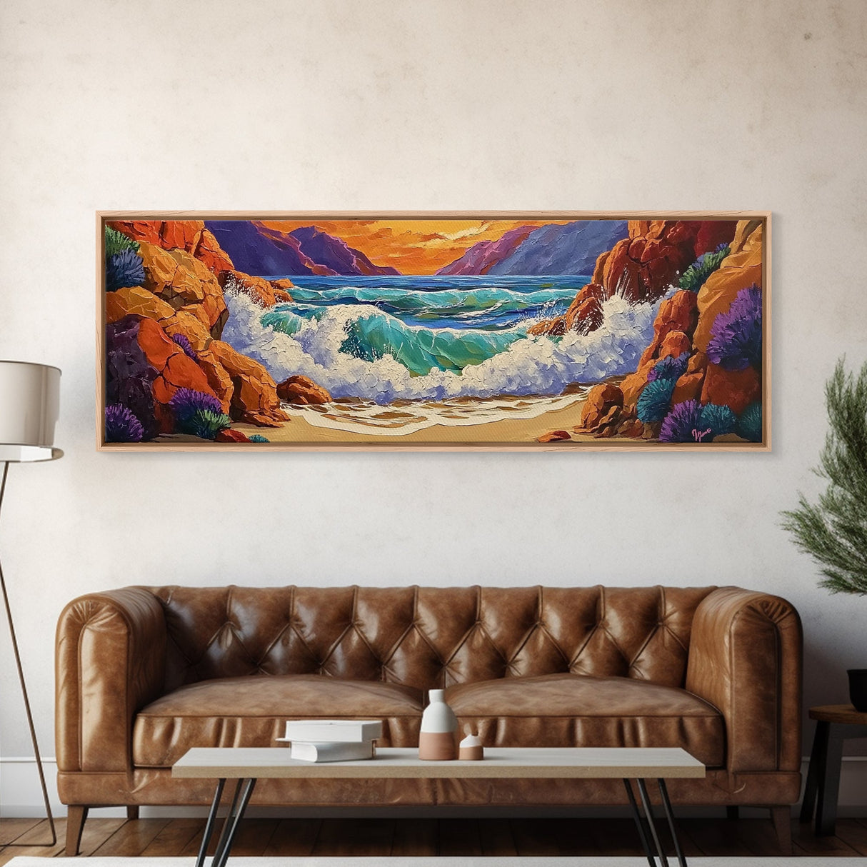 Ocean Wave, Rocky Coast, Vibrant Sunset, Nature Seascape, Framed Canvas Print, Coastal Wall Art, Beach Bathroom Decor, Colorful Seascape Art
