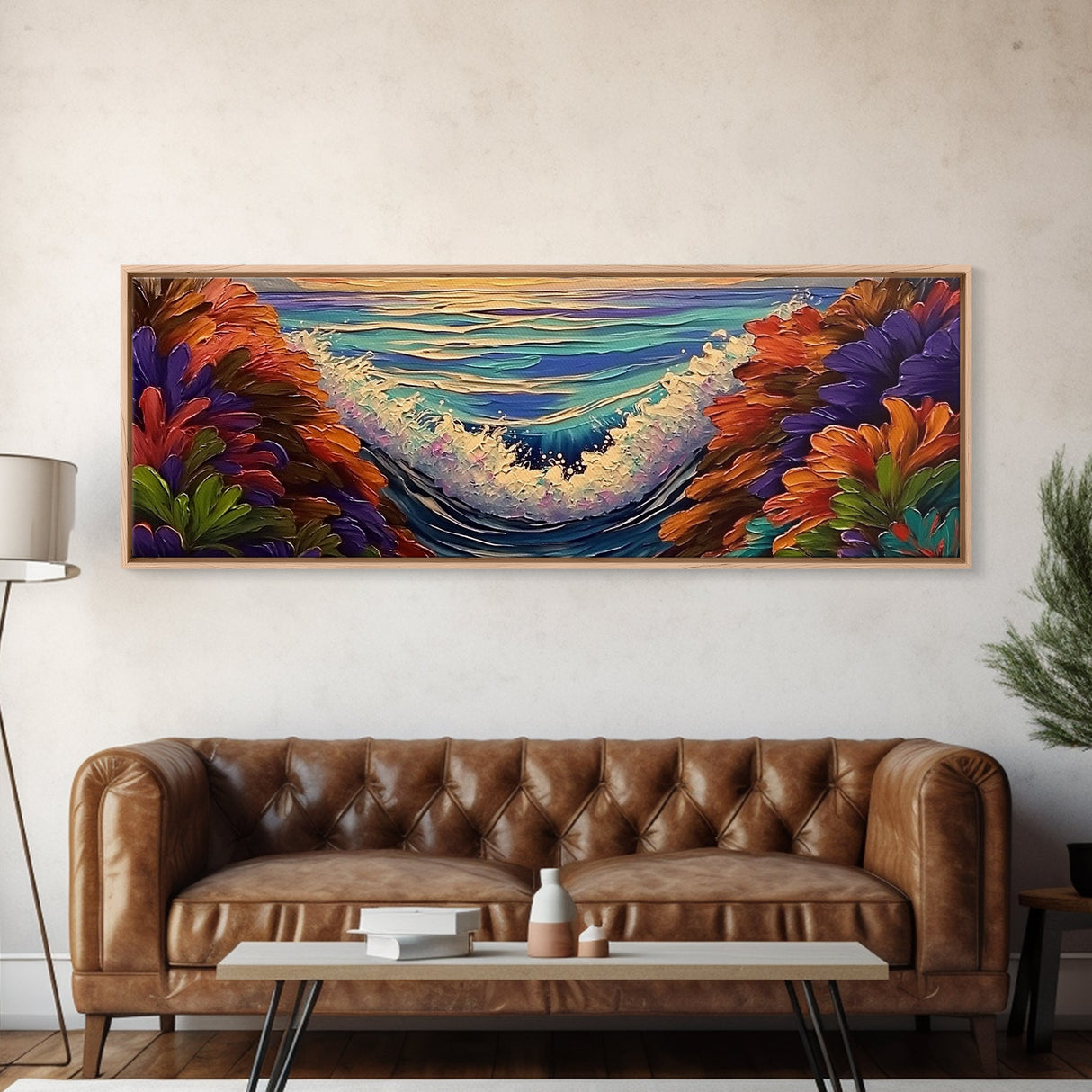 Sunset Waves, Floral Reef, Coastal Water, Colorful Nature, Framed Canvas Print, Bathroom Wall Art, Beach Vibes, Bright Seascape Art