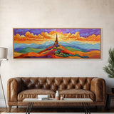 Colorful Mountain Sunrise, Bold Landscape Painting, Southwest Decor, Living Room Wall Art, Modern Boho Style Framed Canvas Print, Bedroom art