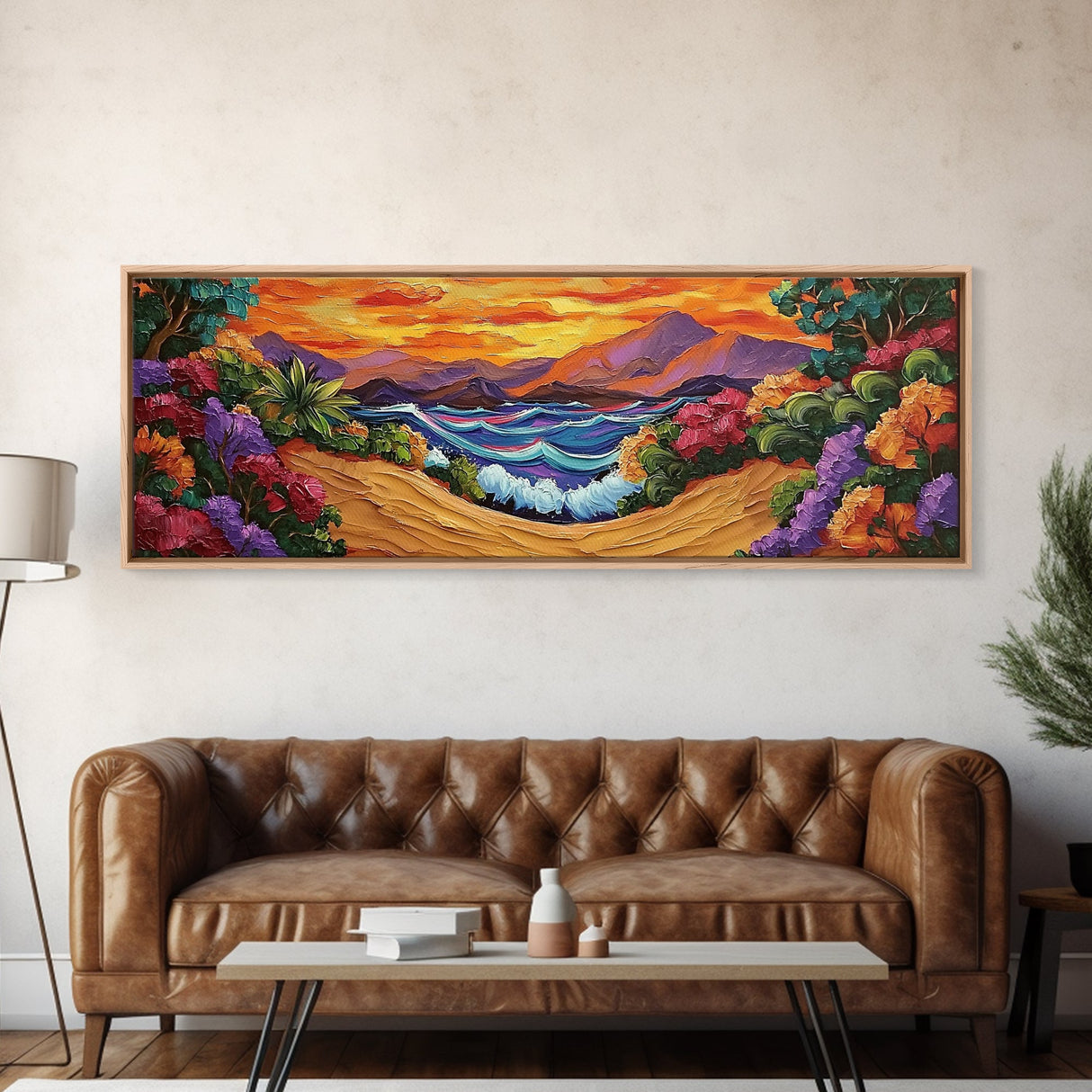 Tropical Sunset Cove, Vibrant Ocean Painting, Beach House Decor, Bold Nature Scene, Boho Living Room Canvas Print, Nature Painting