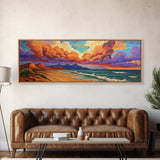 Peaceful Coastal Beach, Colorful Sunset Clouds, Tranquil Ocean Scene, Relaxing Bedroom Wall Art Framed Canvas Print, Bedroom Wall Decor