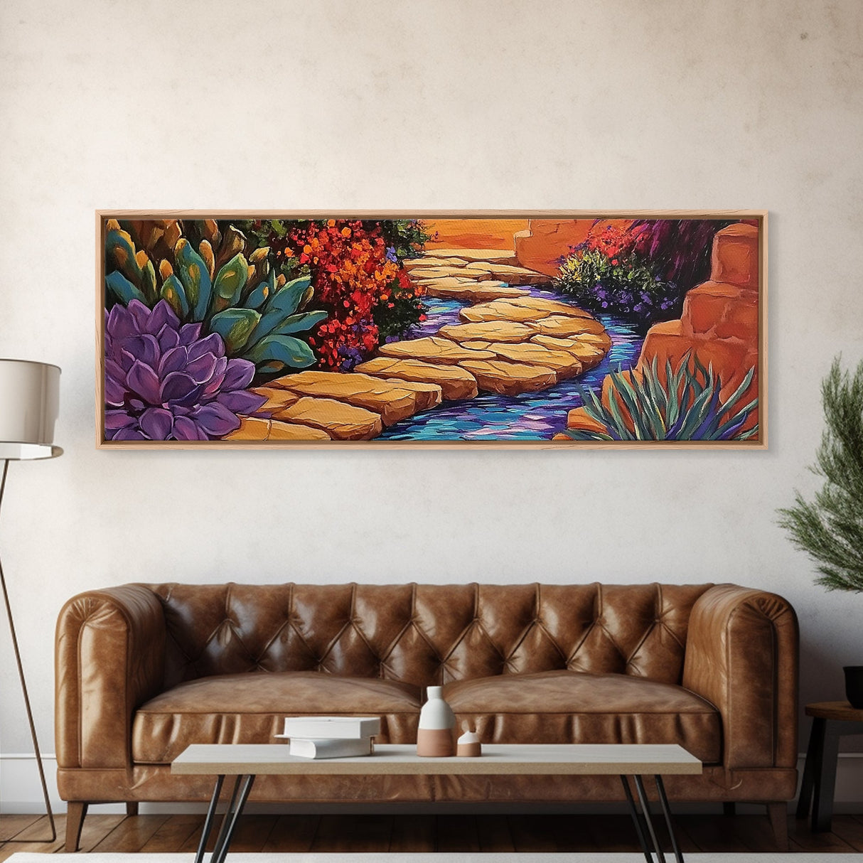 Garden Pathway, Floral Stream Art, Bold Colors, Succulent Garden Style, Framed Canvas Print, Kitchen or Hallway Wall Art