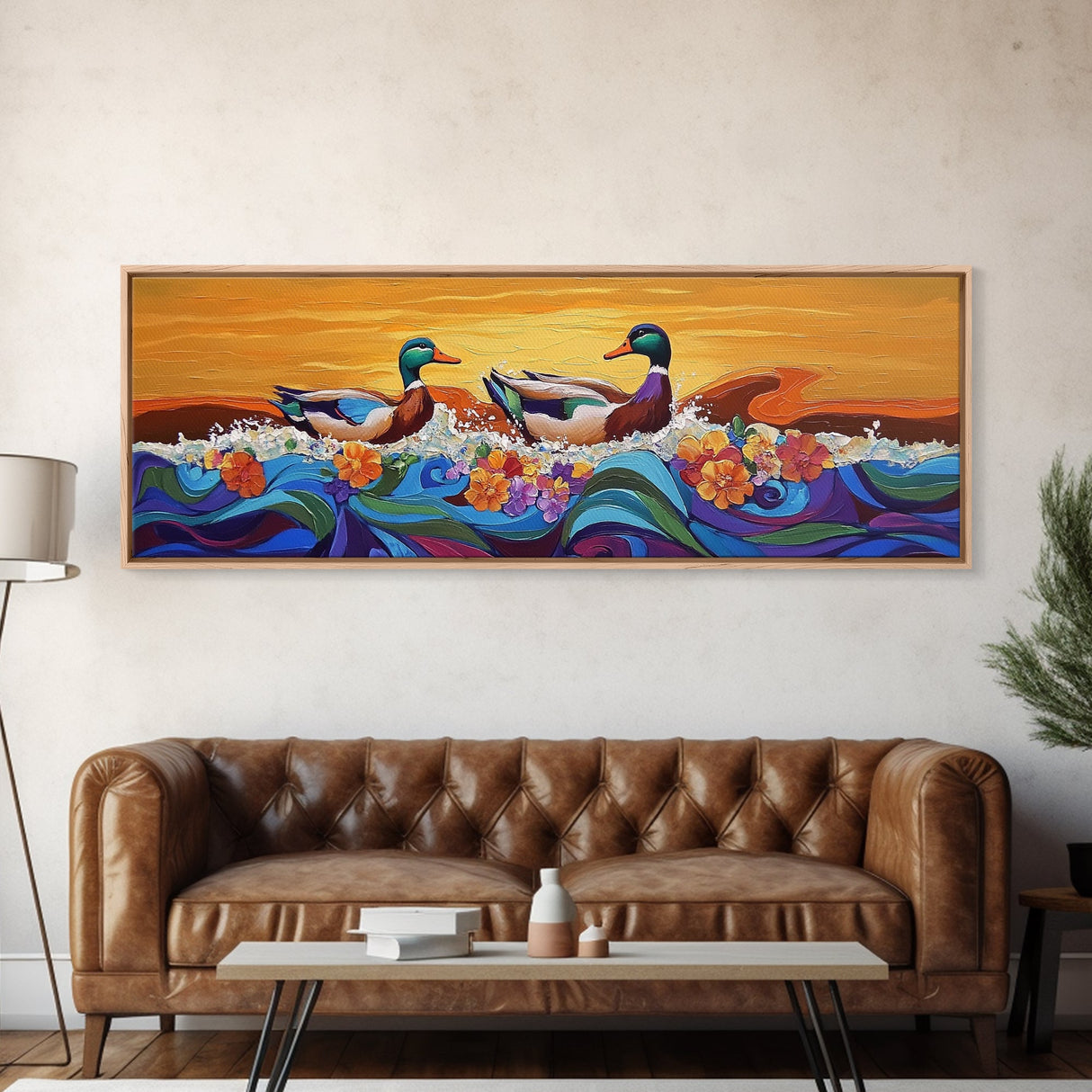 Ducks On Waves, Colorful Animal Art, Whimsical Sunset, Floral Ocean Scene, Canvas Print, Fun Kitchen Art, Kids Room Wall Art