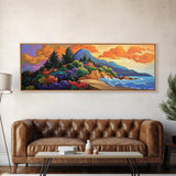 Coastal Forest, Sunset Beach, Lush Pines, Mountain Glow, Framed Canvas Print, outdoor art, nature landscape, hallway decor