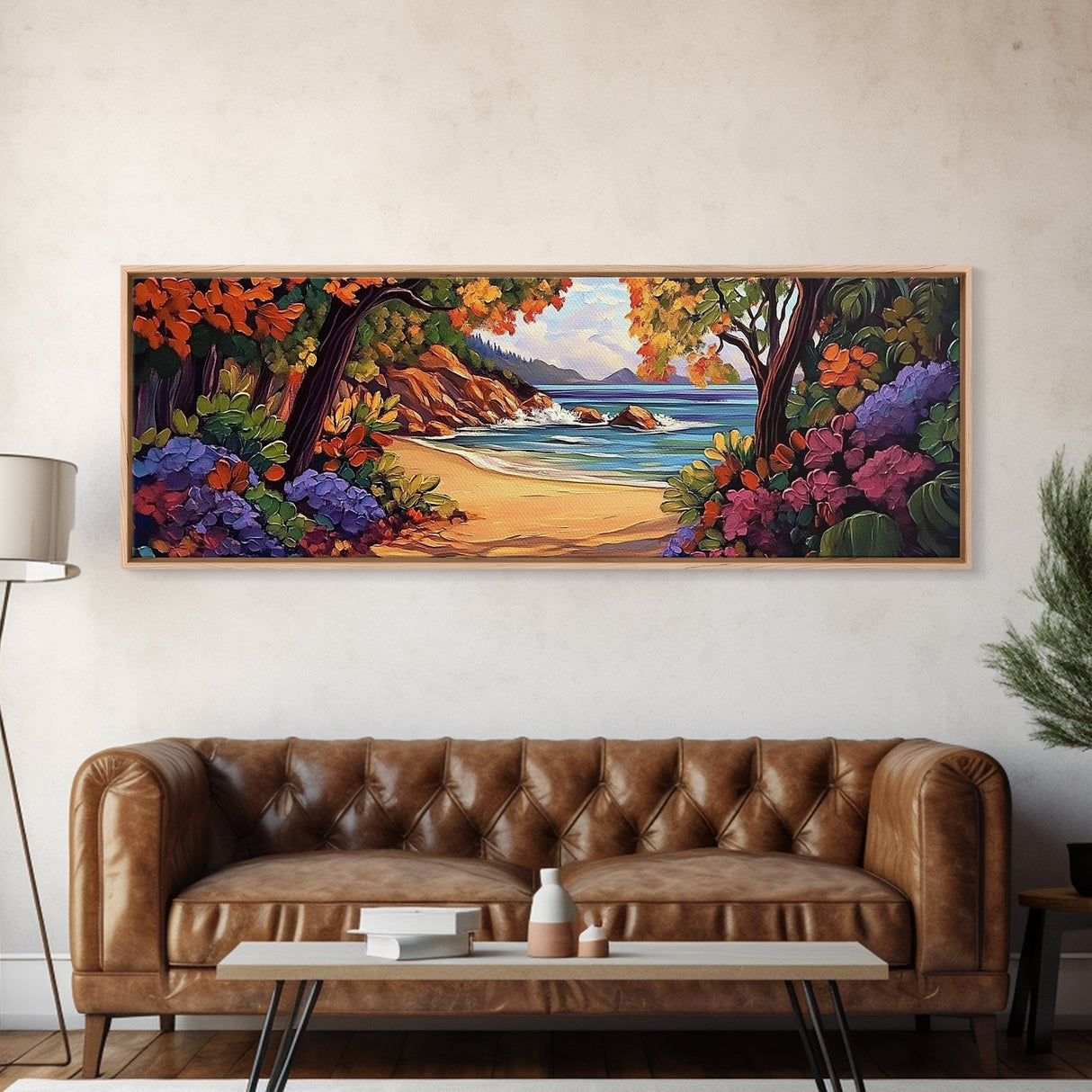 Secluded Beach Painting, Colorful Coastal Trees, Tropical Shoreline View, Framed Canvas Print, Relaxing Bathroom Art, Boho Bedroom
