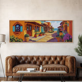 Coastal Village Street, Colorful Adobe Homes, Mediterranean Scene, Framed Canvas Print, Kitchen Wall Art, Rustic Living Room Decor