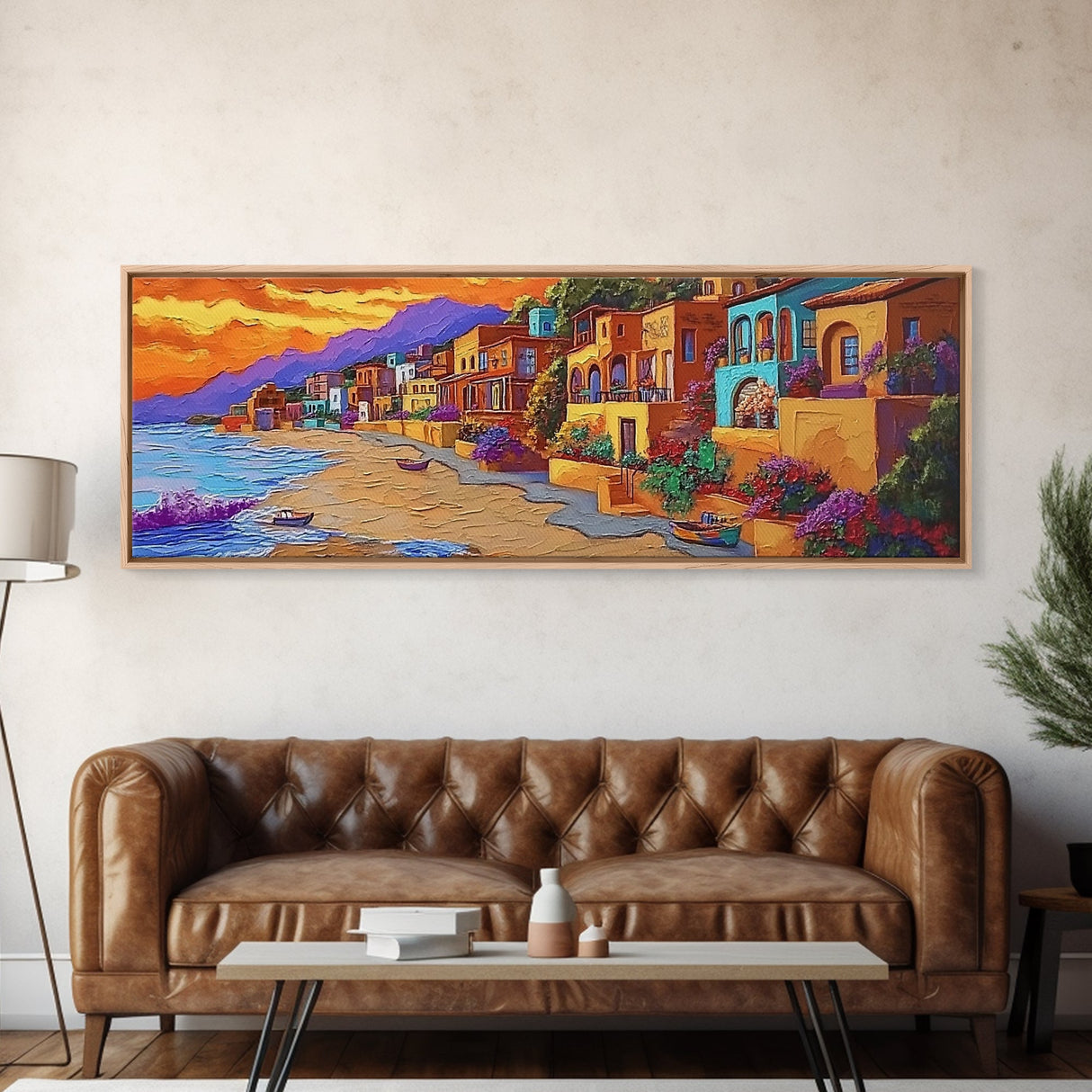 Seaside Village Sunset, Colorful Coastal Homes, Vibrant Ocean View, Framed Canvas Print, Beach House Decor, Bohemian Art