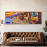 Seaside Village Sunset, Colorful Coastal Homes, Vibrant Ocean View, Framed Canvas Print, Beach House Decor, Bohemian Art