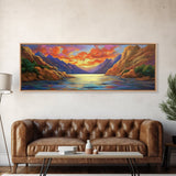 Sunset Lake, Mountain Reflection, Nature Glow, Framed Canvas Print, Scenic Wall Art, Autumn Decor, Cabin Artwork, Rustic Landscape Art