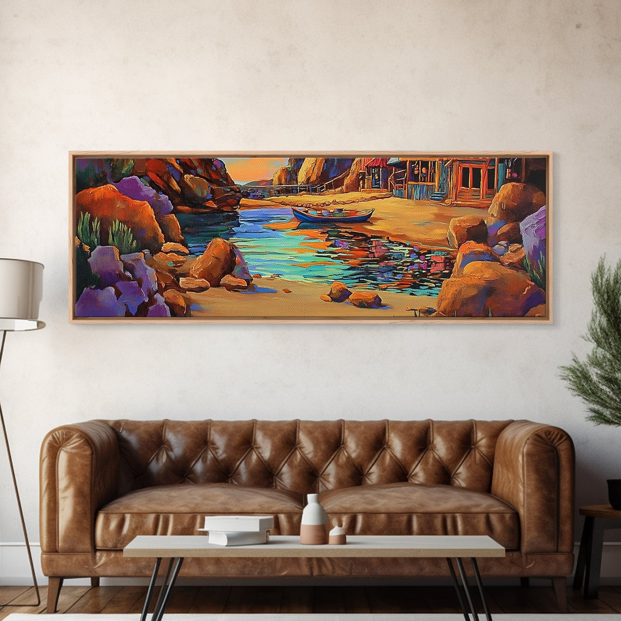Rustic Cove, Rowboat Reflection, Coastal Vibes, Framed Canvas Print, Beach House Decor, Nautical Wall Art, Colorful Seascape