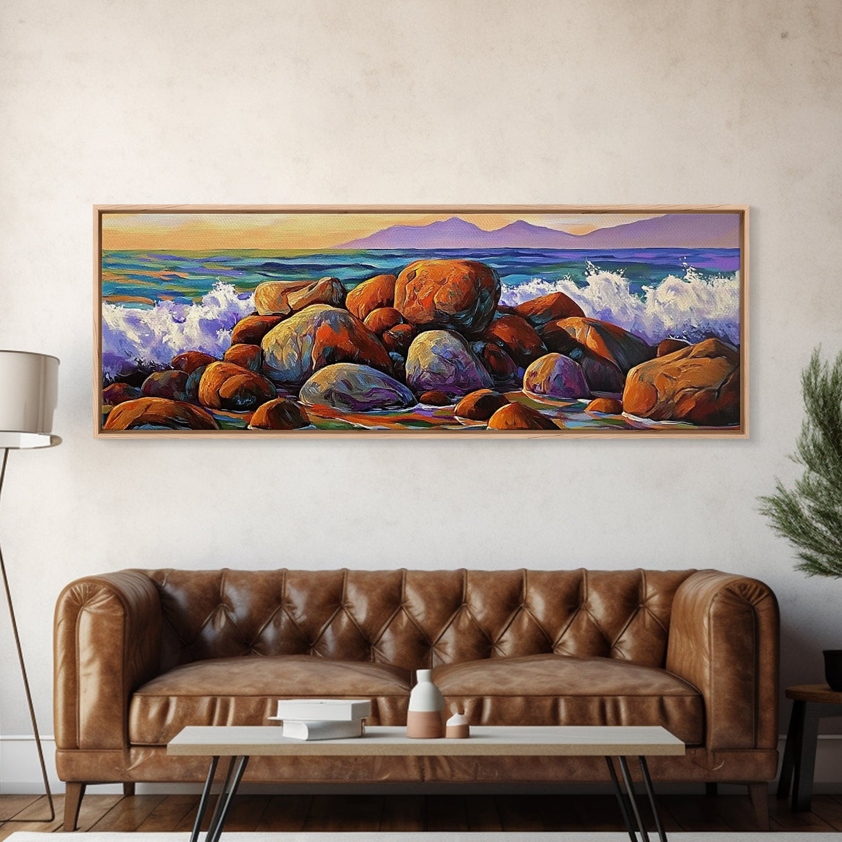 Coastal Boulders, Wave Crash, Ocean Energy, Framed Canvas Print, Beach House Wall Art, Seascape Painting, Coastal Decor, Nature Vibes