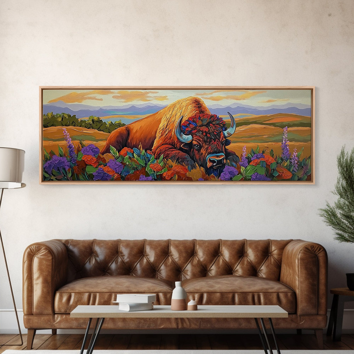 Resting Bison, Sunset Plains, Prairie Wildflowers, Framed Canvas Print, Autumn Decor, Western Wall Art, Cabin Living Room Accent