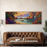 Waterfall Cove, Sunset Seascape, Tropical Paradise, Nature Retreat, Framed Canvas Print, Bathroom Wall Art, Vibrant Coastal Art