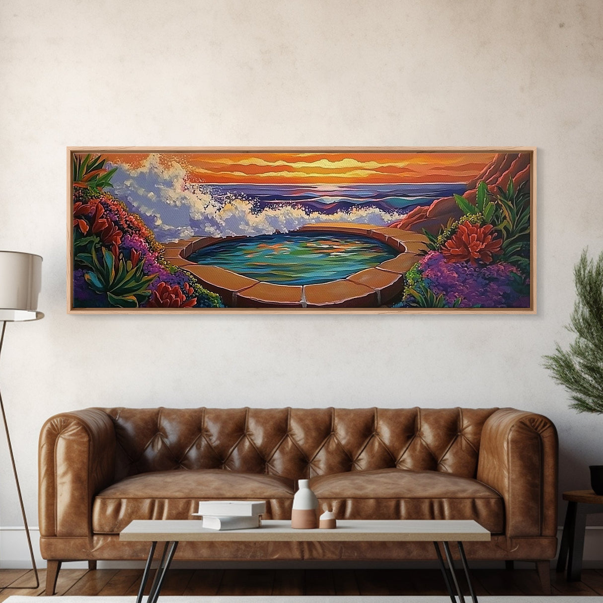 Ocean Hot Spring, Tropical Spa Scene, Sunset Serenity, Coastal Zen, Framed Canvas Print, Relaxation Art, Bohemian Wall Art