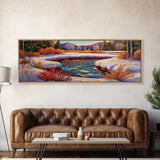 Snowy Mountain Pond, Winter Forest Stream, Sunset Reflection, Canvas Print, Rustic Cabin Wall Art, Nature Landscape Art