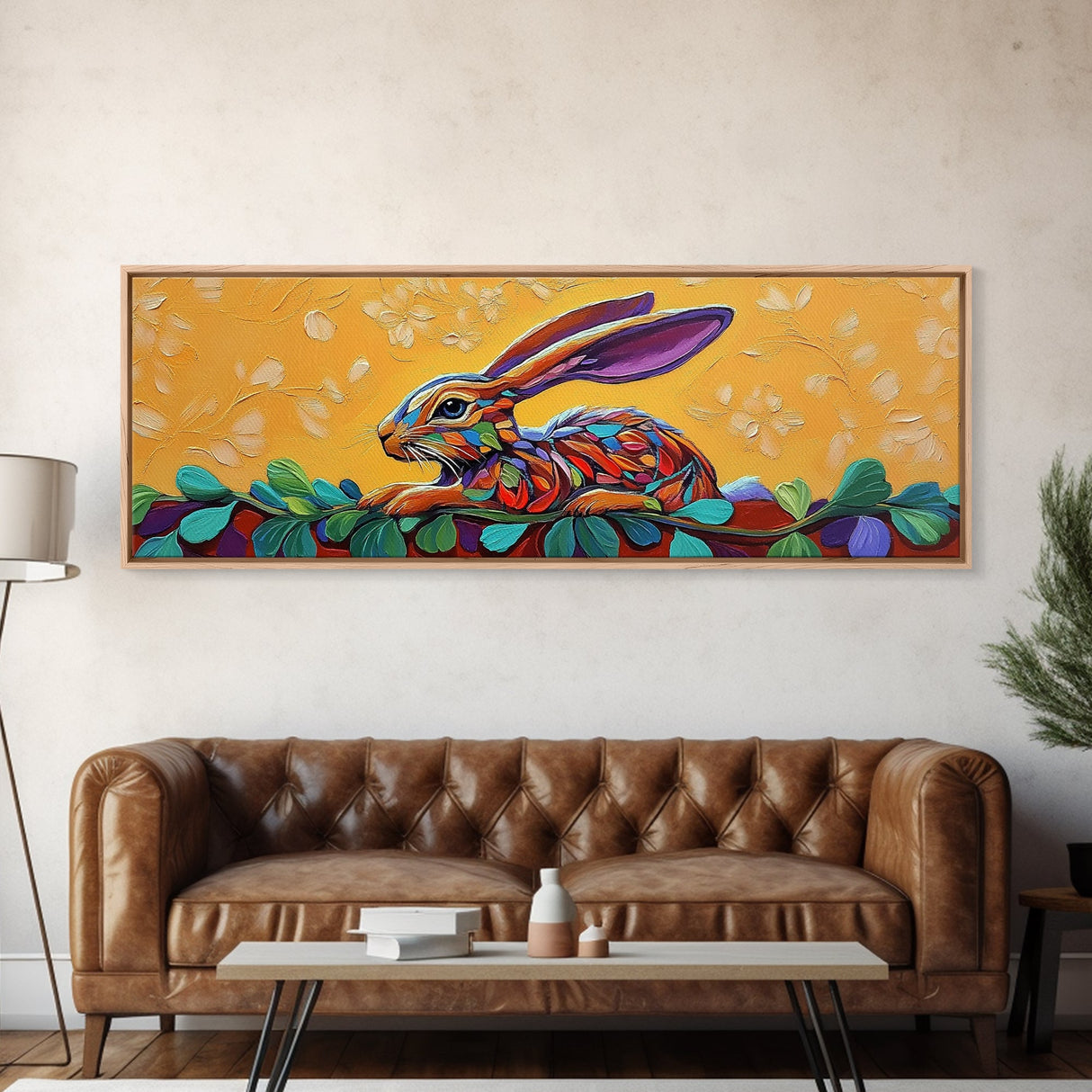 Whimsical Rabbit Art, Bright Bunny Painting, Bold Animal Decor, Framed Canvas Print, Nursery Wall Art, Easter Spring Style