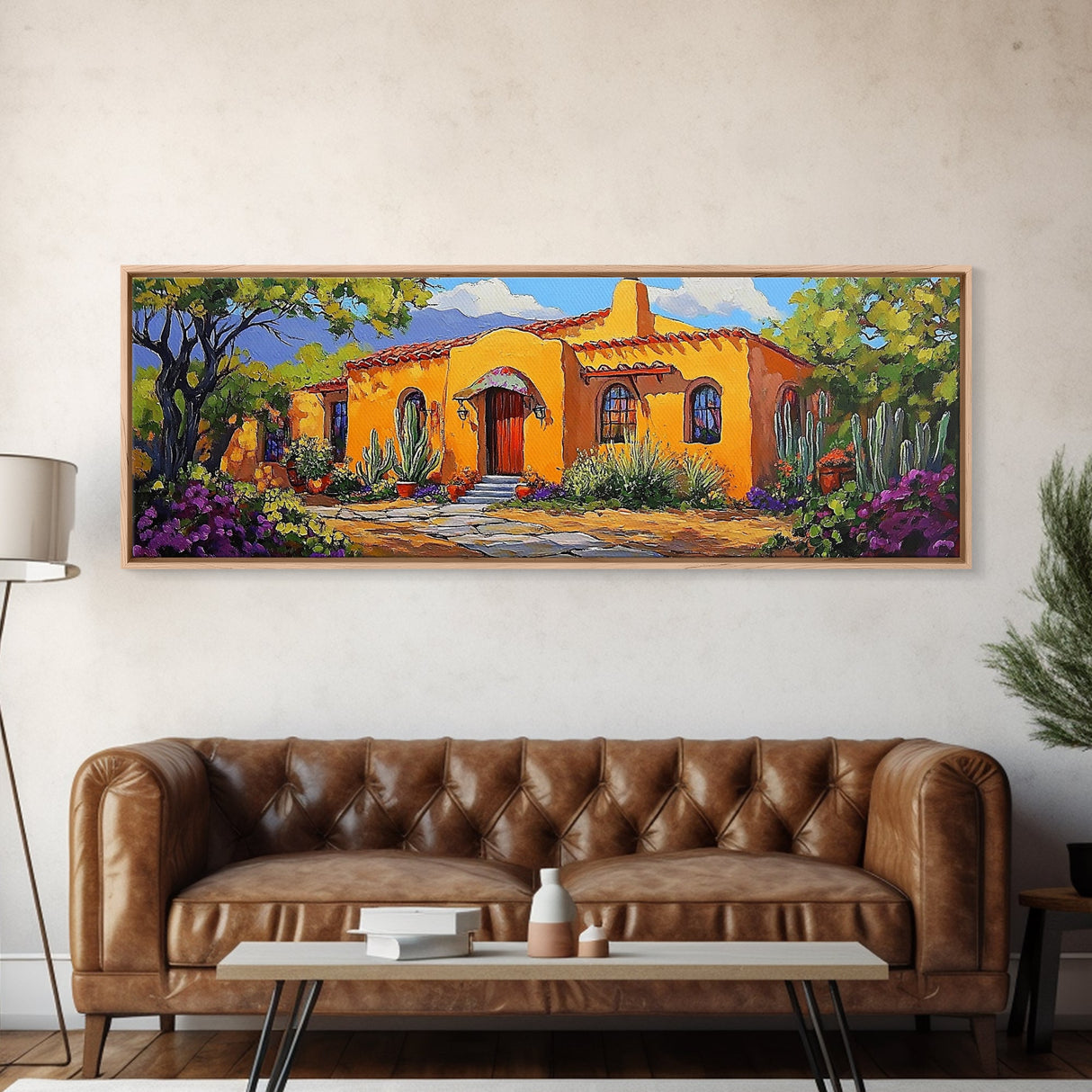 Desert Casa Art, Colorful Home, Cactus Painting, Framed Canvas Print, Vibrant Southwest Decor, Living Room Wall Art, Spanish Style Art