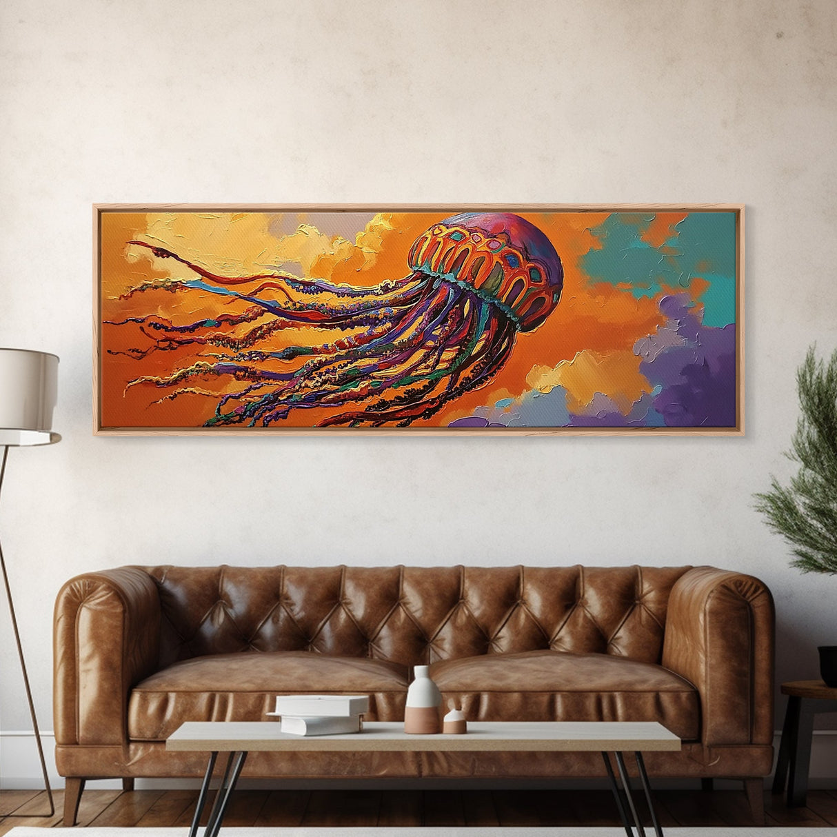 Vibrant Jellyfish, Ocean Creature, Sunset Sky, Living Room Decor, Framed Canvas Print, Coastal Wall Art, Bright Colorful Boho Art