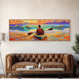 Ocean Kayaker, Waves Sunset, Adventure Spirit, Beach Home Accent, Framed Canvas Print, Coastal Wall Art, Colorful Outdoor Art