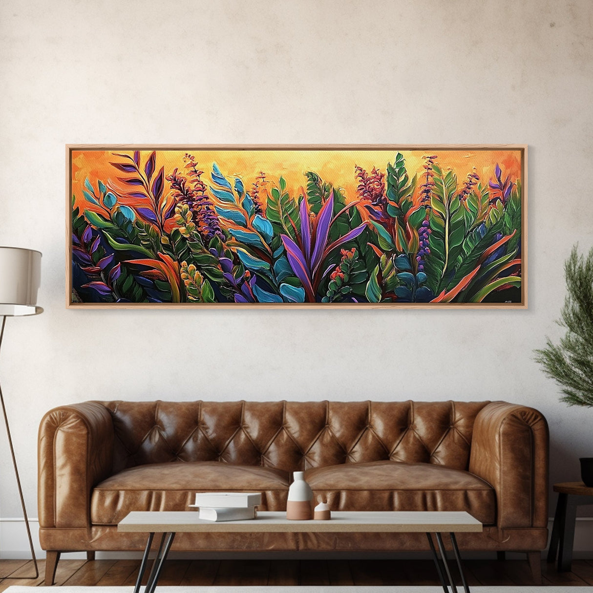 Tropical Leaves, Jungle Garden, Sunset Foliage, Kitchen Decor, Canvas Print, Bright Botanical Art, Vibrant Plant Wall Art