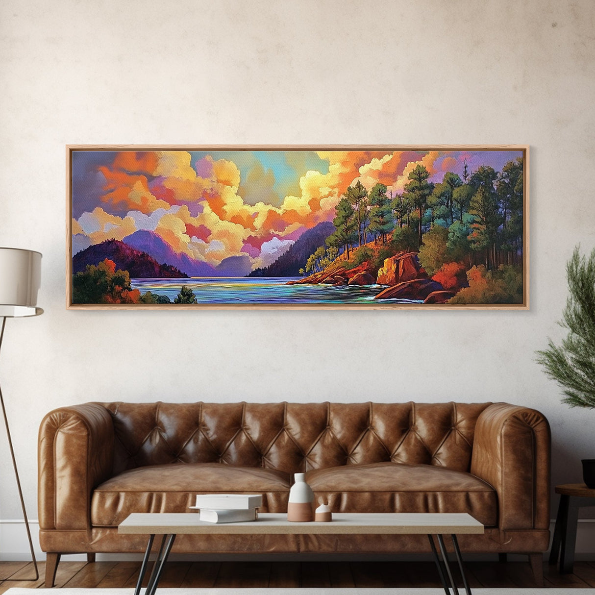 Mountain Trees, Lake Sunset, Nature Glow, Autumn Landscape, Canvas Print, Cabin Decor, Rustic Wall Art, Forest Escape
