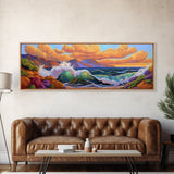 Coastal Surf, Sunset Clouds, Tropical Vibes, Ocean Wave Art, Framed Canvas Print, Beach House Decor, Seaside Living Room Art