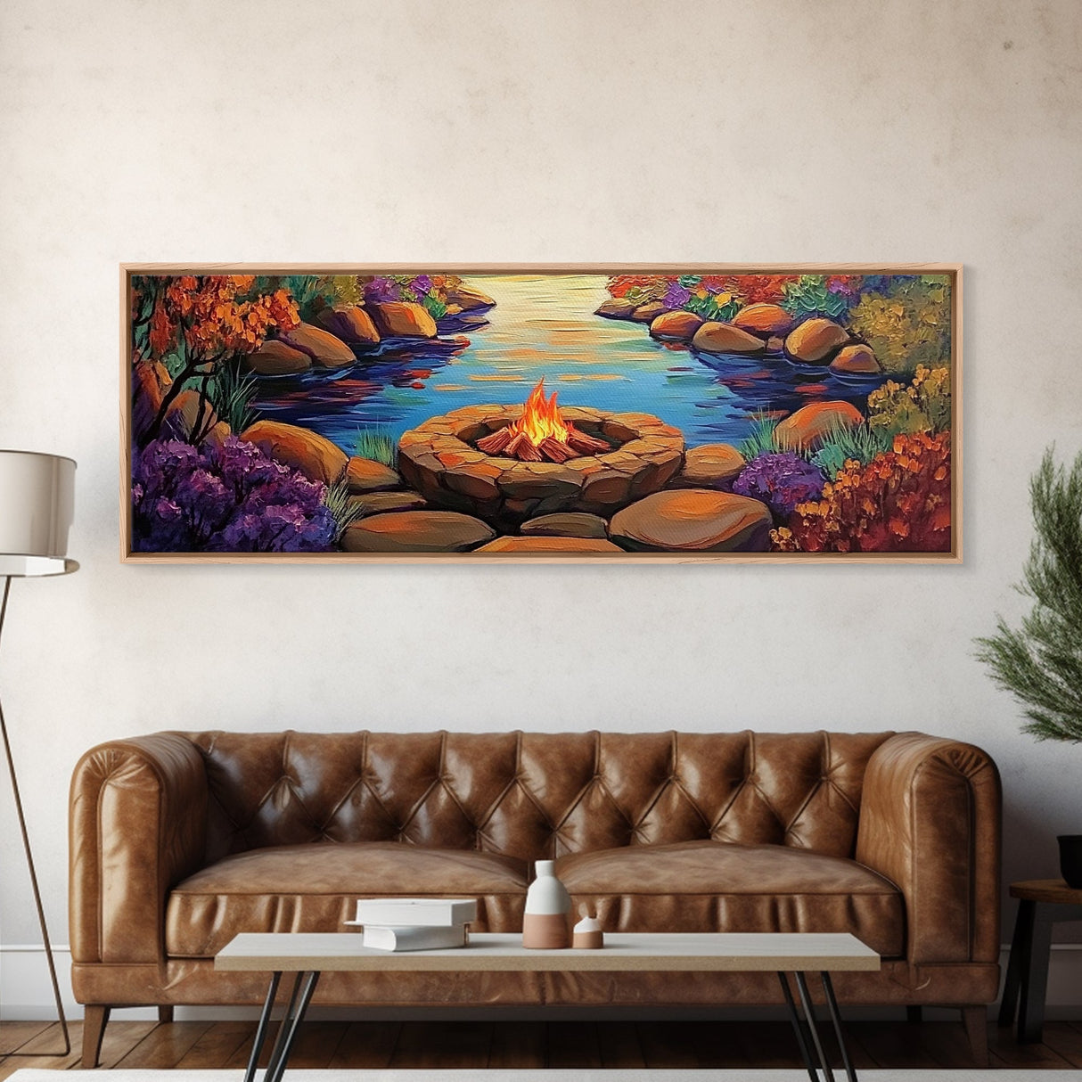 Campfire by River, Autumn Glow, Cozy Outdoor Scene, Framed Canvas Print, fall landscape, rustic decor, lodge wall art, den artwork