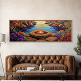 Campfire by River, Autumn Glow, Cozy Outdoor Scene, Framed Canvas Print, fall landscape, rustic decor, lodge wall art, den artwork