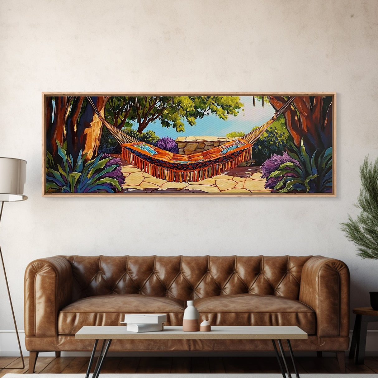 Hammock Retreat View, Relaxing Outdoor Space, Nature Art, Framed Canvas Print, summer art, patio decor, boho style, bedroom wall