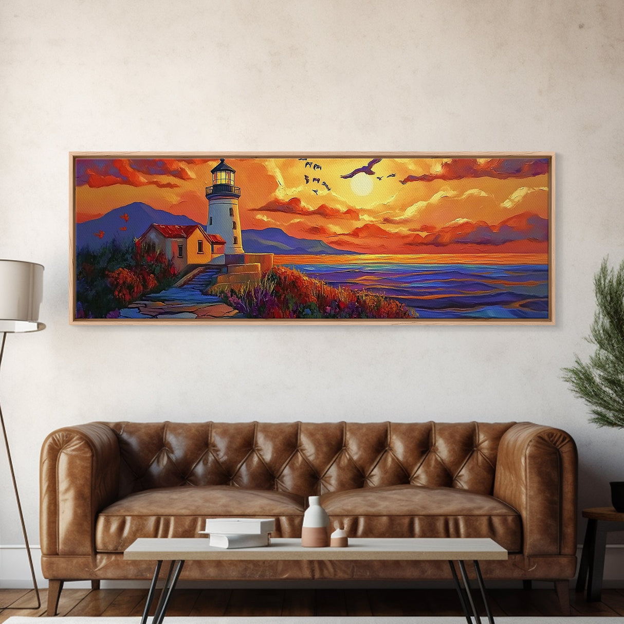 Seaside Lighthouse View, Sunset Birds, Coastal Dream, Framed Canvas Print, ocean wall art, rustic beach decor, entryway statement piece