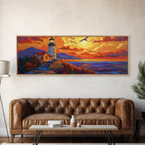 Seaside Lighthouse View, Sunset Birds, Coastal Dream, Framed Canvas Print, ocean wall art, rustic beach decor, entryway statement piece