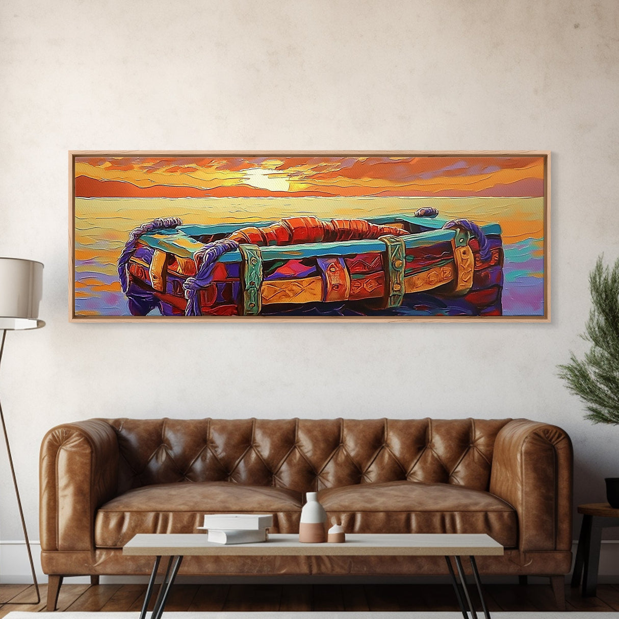 Sunset Raft, Ocean Stillness, Island Mood, Coastal Glow, Canvas Print, bathroom wall art, tropical nautical art, warm beach colors