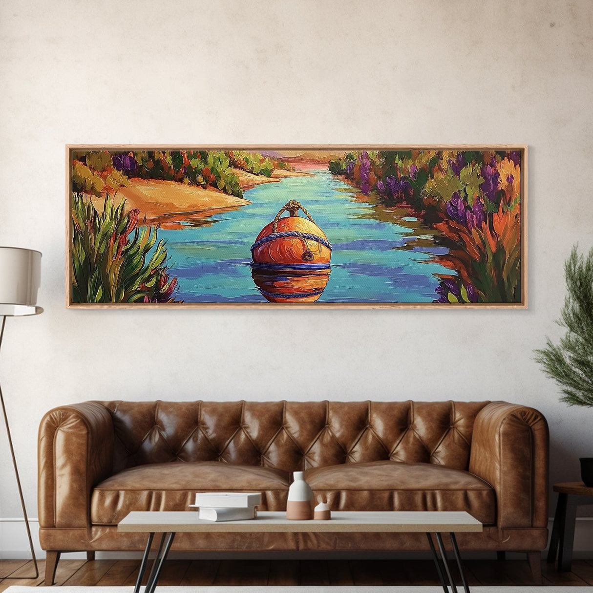 Buoy Painting, River Calm, Coastal Reflection, Peaceful Dock, Canvas Print, lake cabin art, nautical wall decor, colorful waterway scene