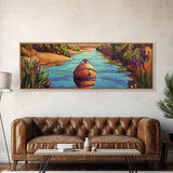 Buoy Painting, River Calm, Coastal Reflection, Peaceful Dock, Canvas Print, lake cabin art, nautical wall decor, colorful waterway scene